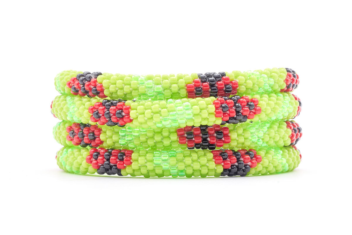 Sashka Co. handmade glass beaded friendship bracelet with green, red, and black glass beads. Crafted in Nepal by skilled artisans.