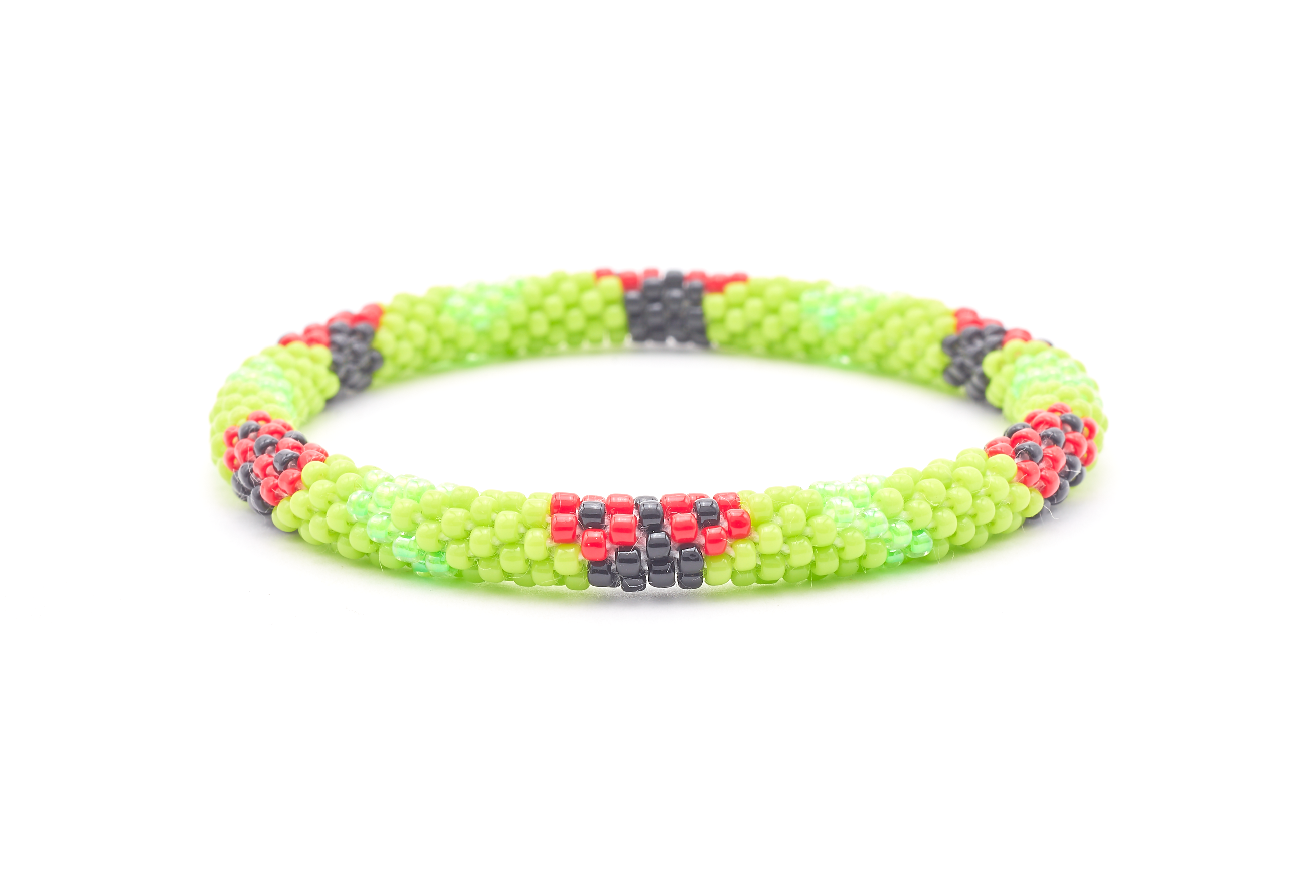 Sashka Co. handmade glass beaded friendship bracelet with green, red, and black glass beads. Crafted in Nepal by skilled artisans.