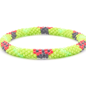Sashka Co. handmade glass beaded friendship bracelet with green, red, and black glass beads. Crafted in Nepal by skilled artisans.