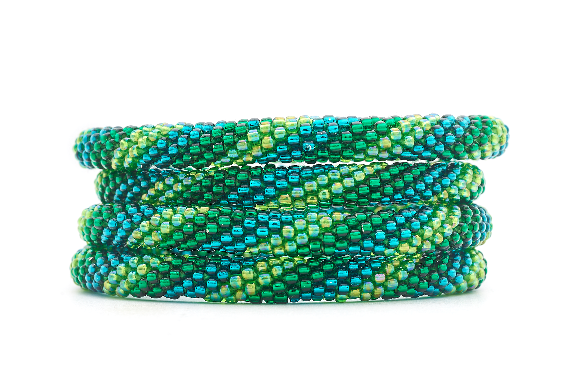 Sashka Co handmade beaded friendship bracelet with green and teal glass beads in a spiral pattern. Crafted in Nepal by skilled artisans.

