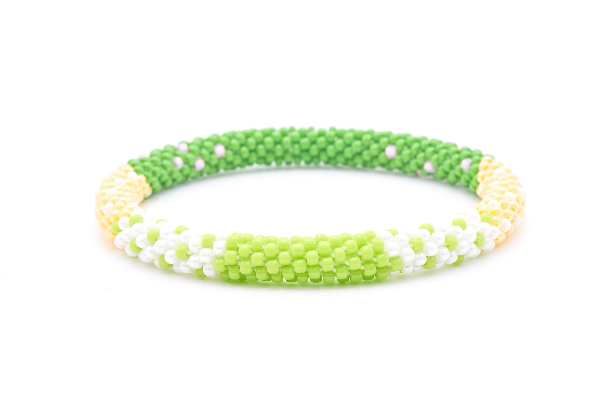 Sashka Co. handmade glass beaded friendship bracelet with green, yellow, white, and pink glass beads. Crafted in Nepal by skilled artisans.