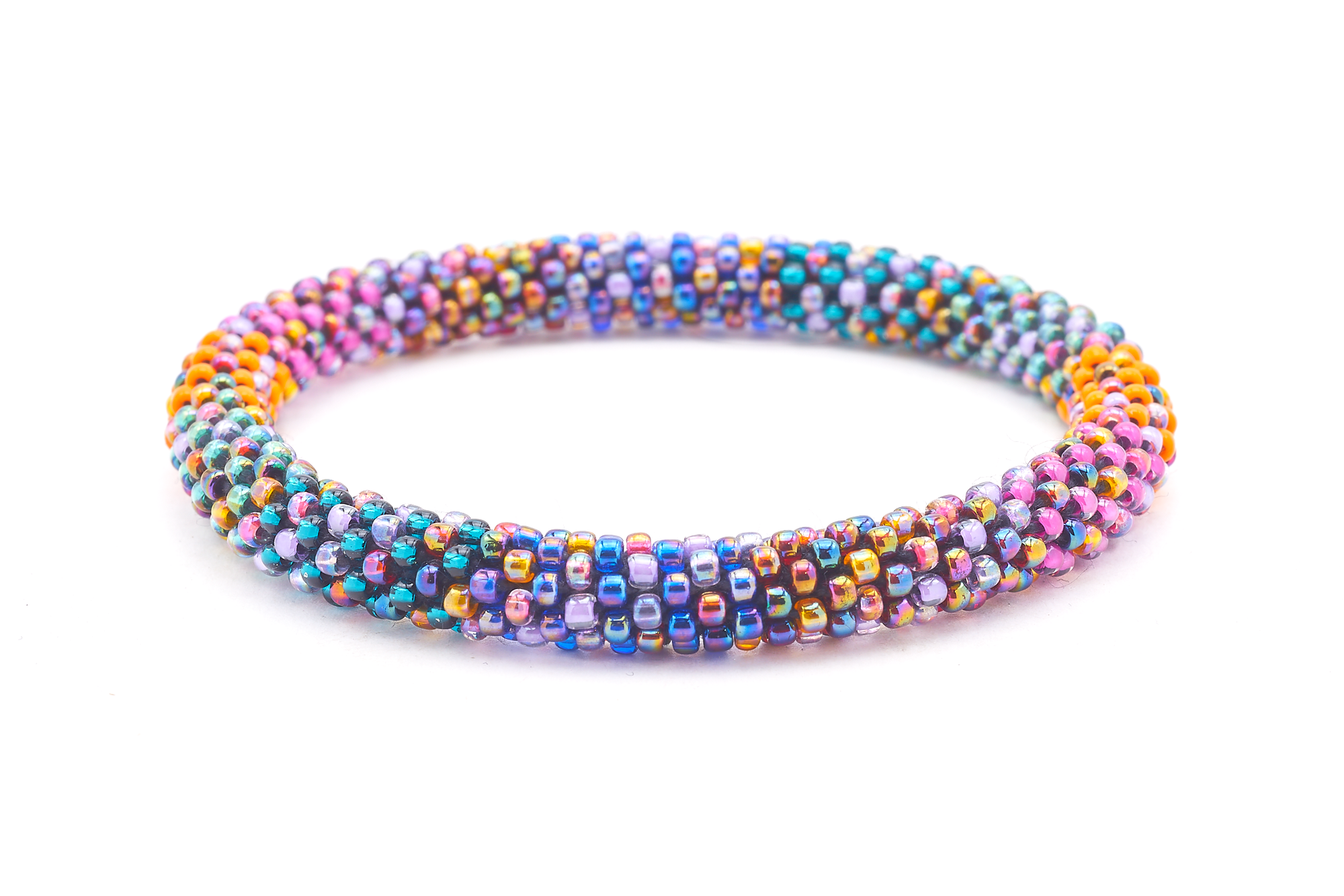 Sashka Co. handmade glass beaded friendship bracelet with block confetti mixed pattern in iridescent, blue, orange, pink, green, purple, and teal. Hand-crocheted in Nepal.