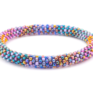 Sashka Co. handmade glass beaded friendship bracelet with block confetti mixed pattern in iridescent, blue, orange, pink, green, purple, and teal. Hand-crocheted in Nepal.