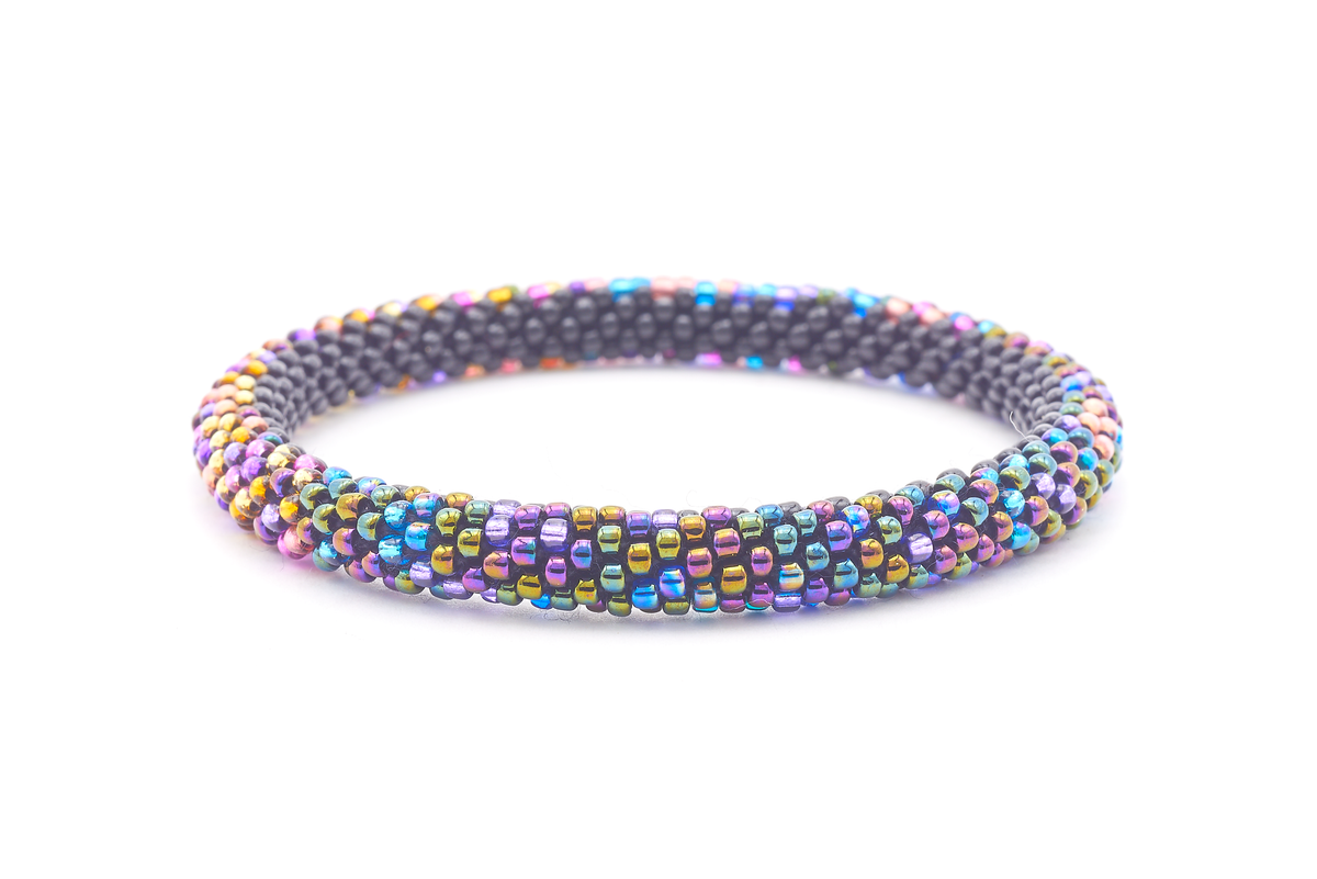 Sashka Co. handmade glass beaded friendship bracelet with iridescent confetti and black glass beads. Crafted in Nepal by skilled artisans.