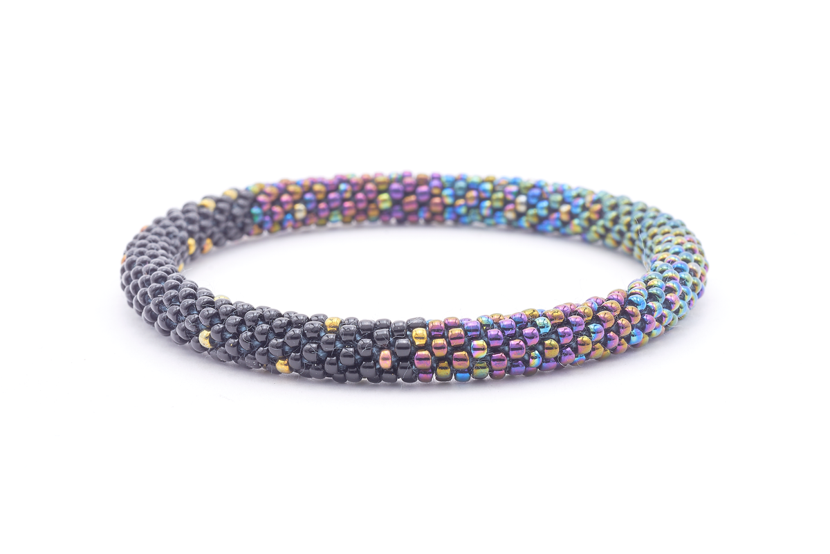 Sashka Co. handmade glass beaded friendship bracelet with iridescent green, iridescent blue, iridescent purple, black, and bronze glass beads. Crafted in Nepal by skilled artisans.