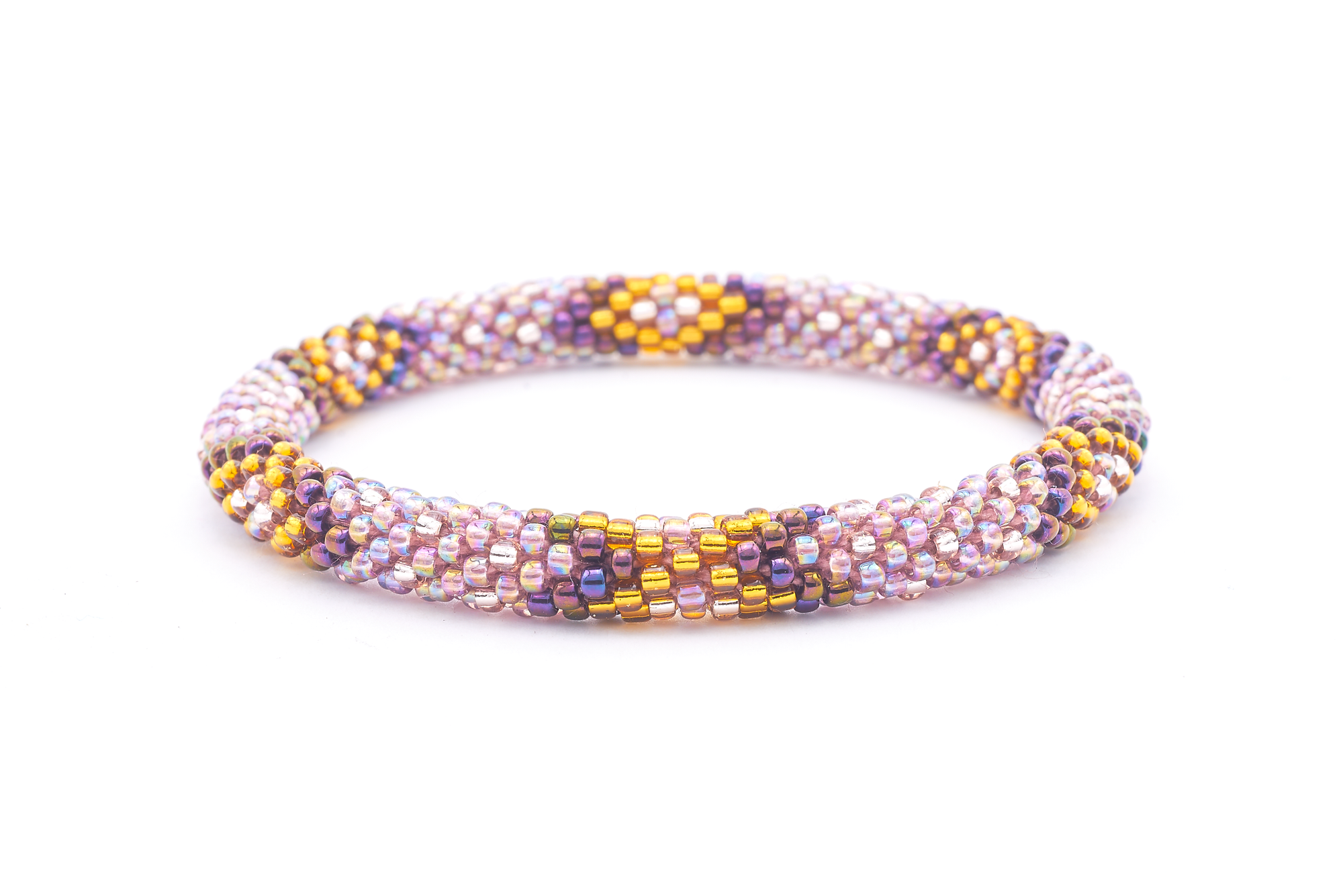 Sashka Co. handmade glass beaded friendship bracelet with iridescent mauve, iridescent purple, and gold glass beads. Crafted in Nepal by skilled artisans.