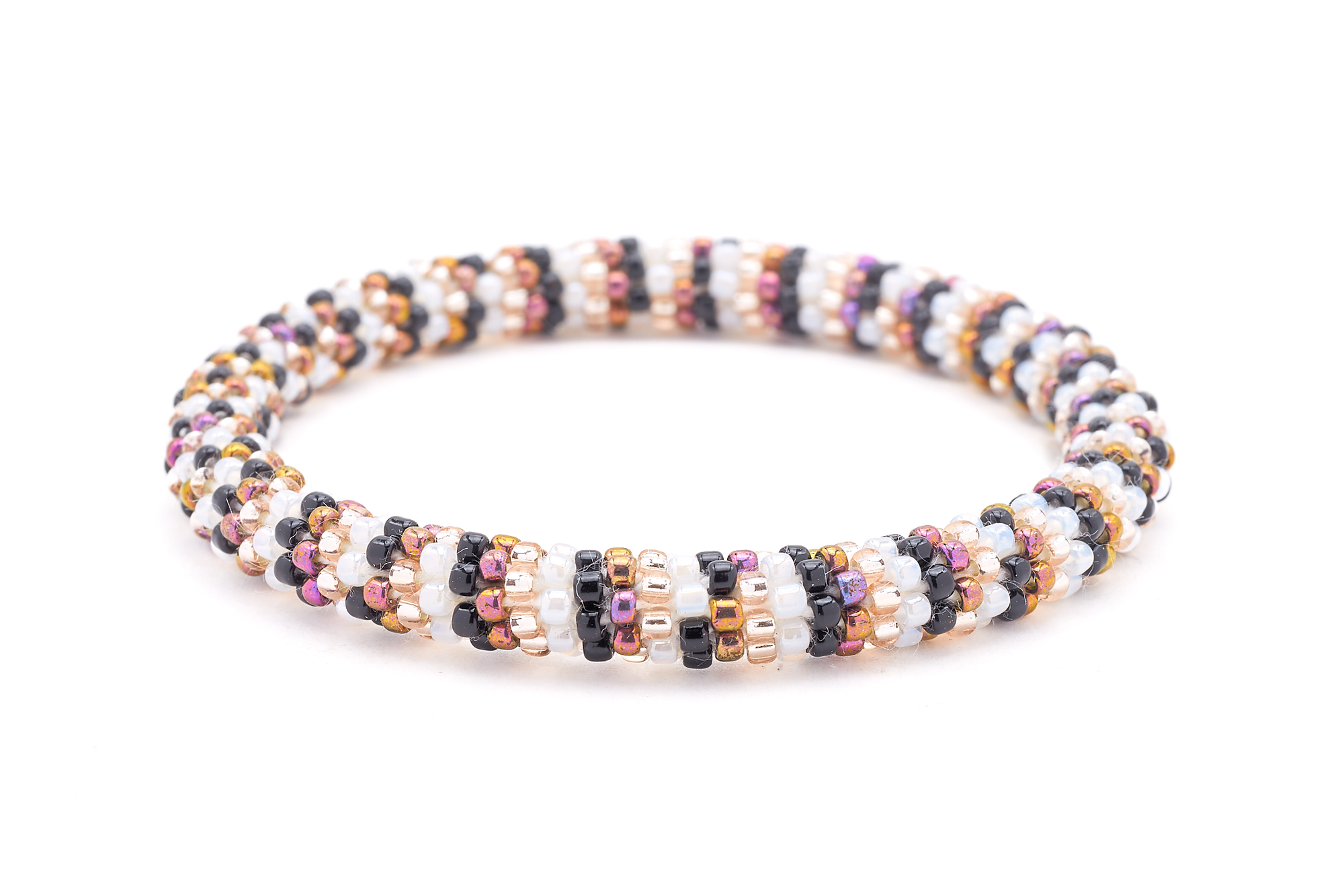 Sashka Co. handmade glass beaded friendship bracelet with iridescent purple, rose gold, white, and black glass beads. Crafted in Nepal by skilled artisans.