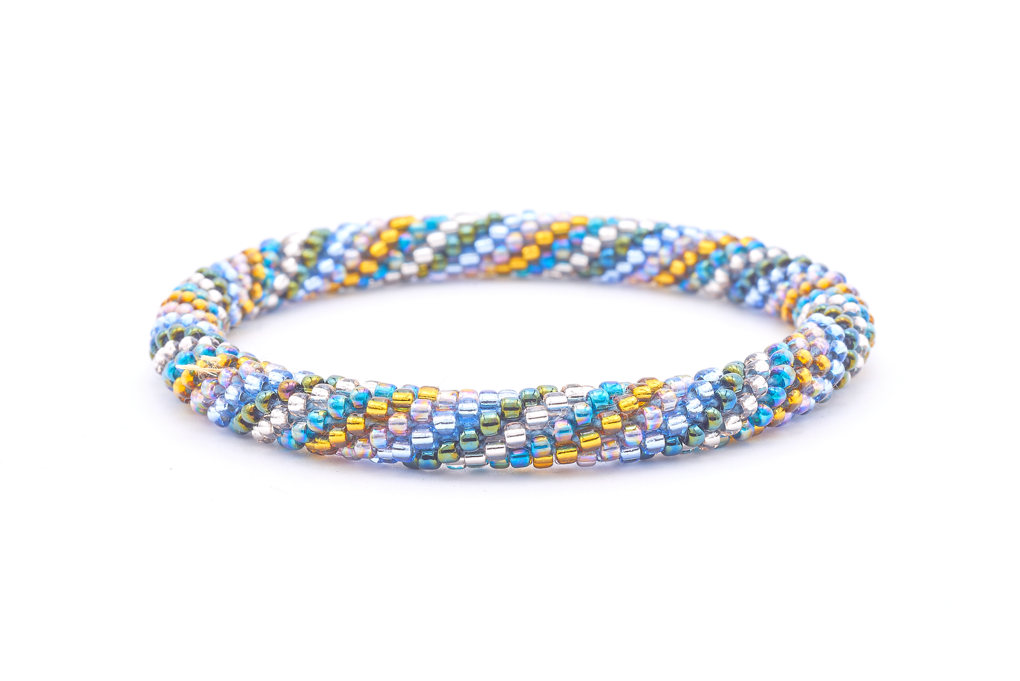 Sashka Co. handmade glass beaded friendship bracelet with iridescent teal, clear, iridescent green, blue, iridescent, and gold glass beads. Crafted in Nepal by skilled artisans.
