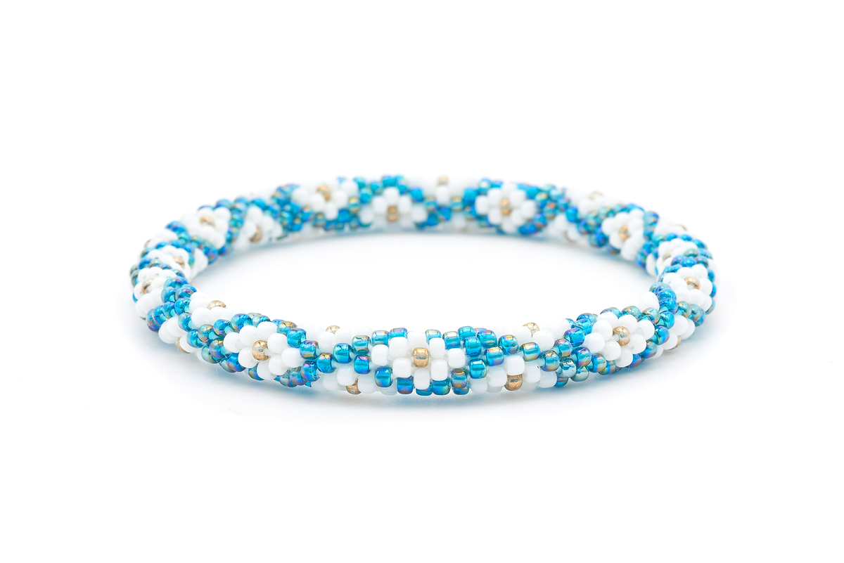 Sashka Co. handmade glass beaded friendship bracelet with iridescent teal, white, and iridescent bronze glass beads. Crafted in Nepal by skilled artisans.