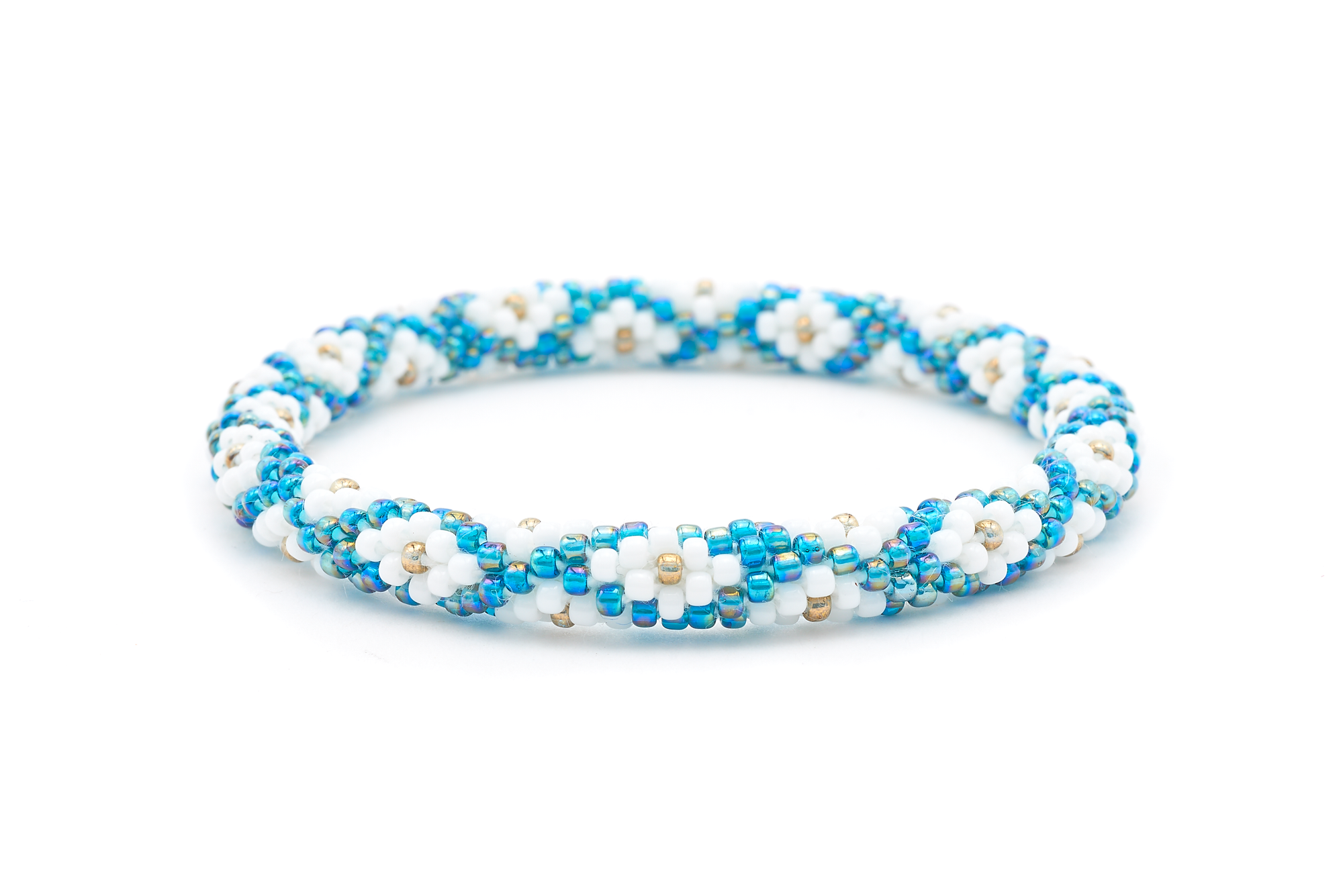 Sashka Co. handmade glass beaded friendship bracelet with iridescent teal, white, and iridescent bronze glass beads. Crafted in Nepal by skilled artisans.