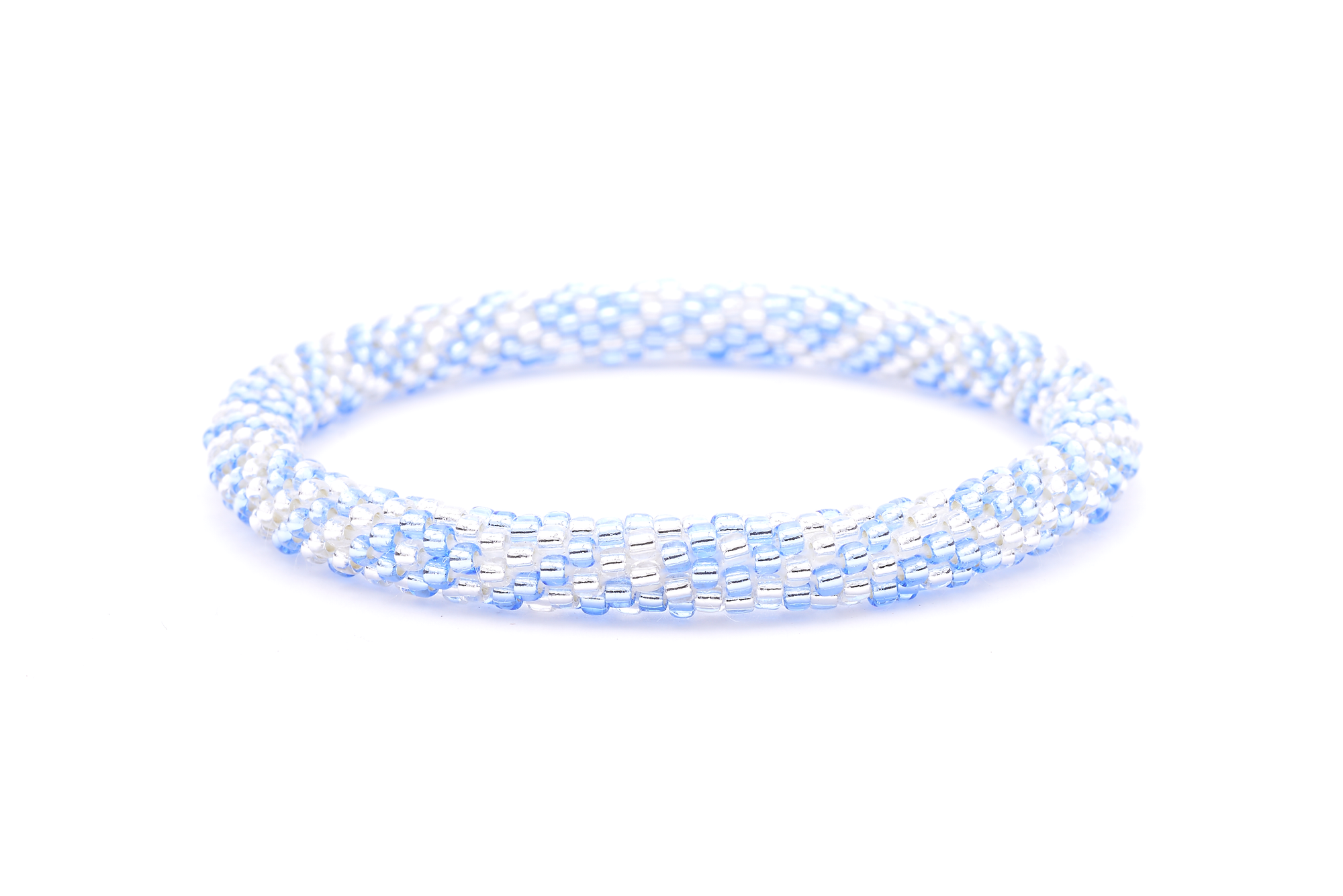 Sashka Co. handmade glass beaded friendship bracelet with light blue and clear glass beads. Crafted in Nepal by skilled artisans.