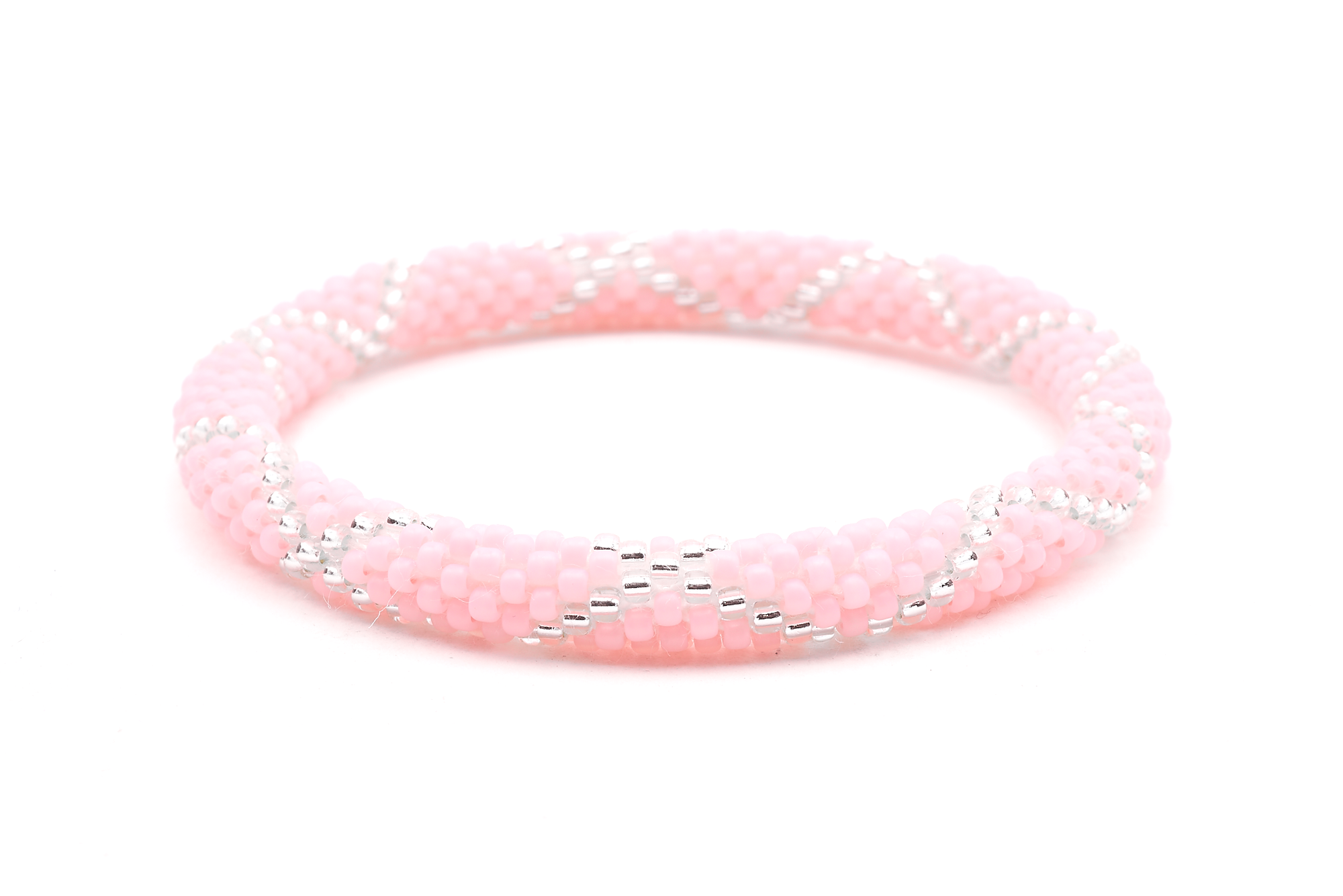 Sashka Co. handmade glass beaded friendship bracelet with light pink and clear glass beads. Crafted in Nepal by skilled artisans.