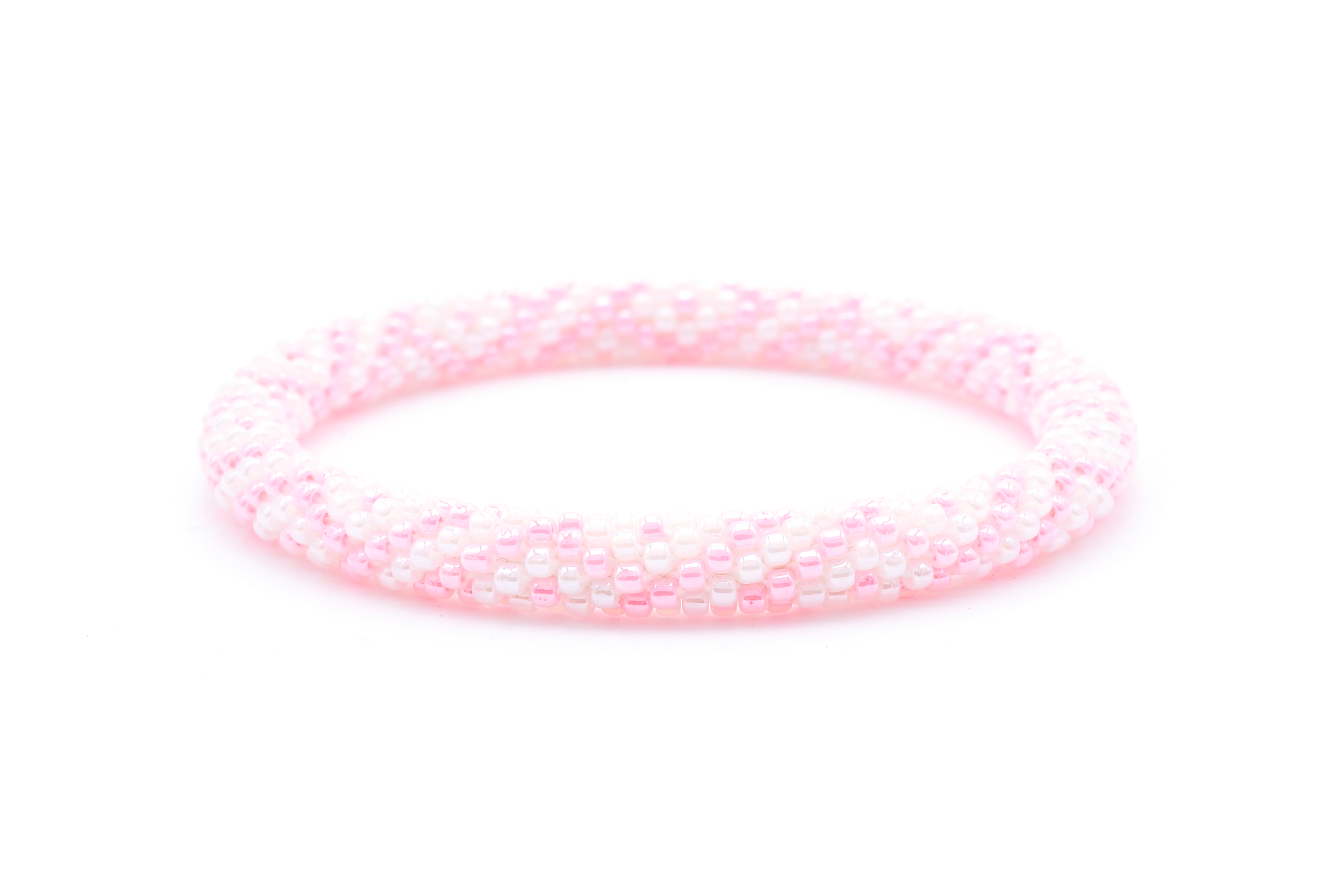 Sashka Co. handmade glass beaded friendship bracelet with light pink and white glass beads. Crafted in Nepal by skilled artisans.