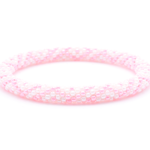 Sashka Co. handmade glass beaded friendship bracelet with light pink and white glass beads. Crafted in Nepal by skilled artisans.