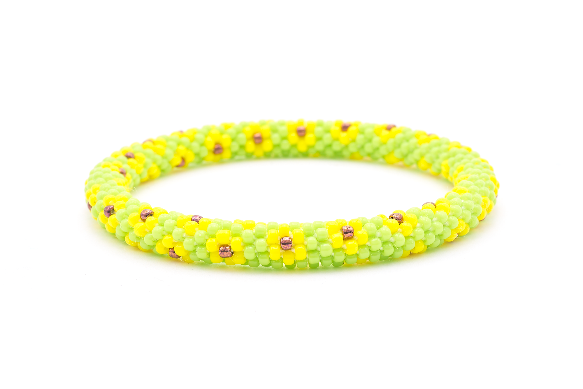Sashka Co. handmade glass beaded friendship bracelet with lime green, yellow, and iridescent brown glass beads. Crafted in Nepal by skilled artisans.