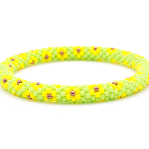 Sashka Co. handmade glass beaded friendship bracelet with lime green, yellow, and iridescent brown glass beads. Crafted in Nepal by skilled artisans.