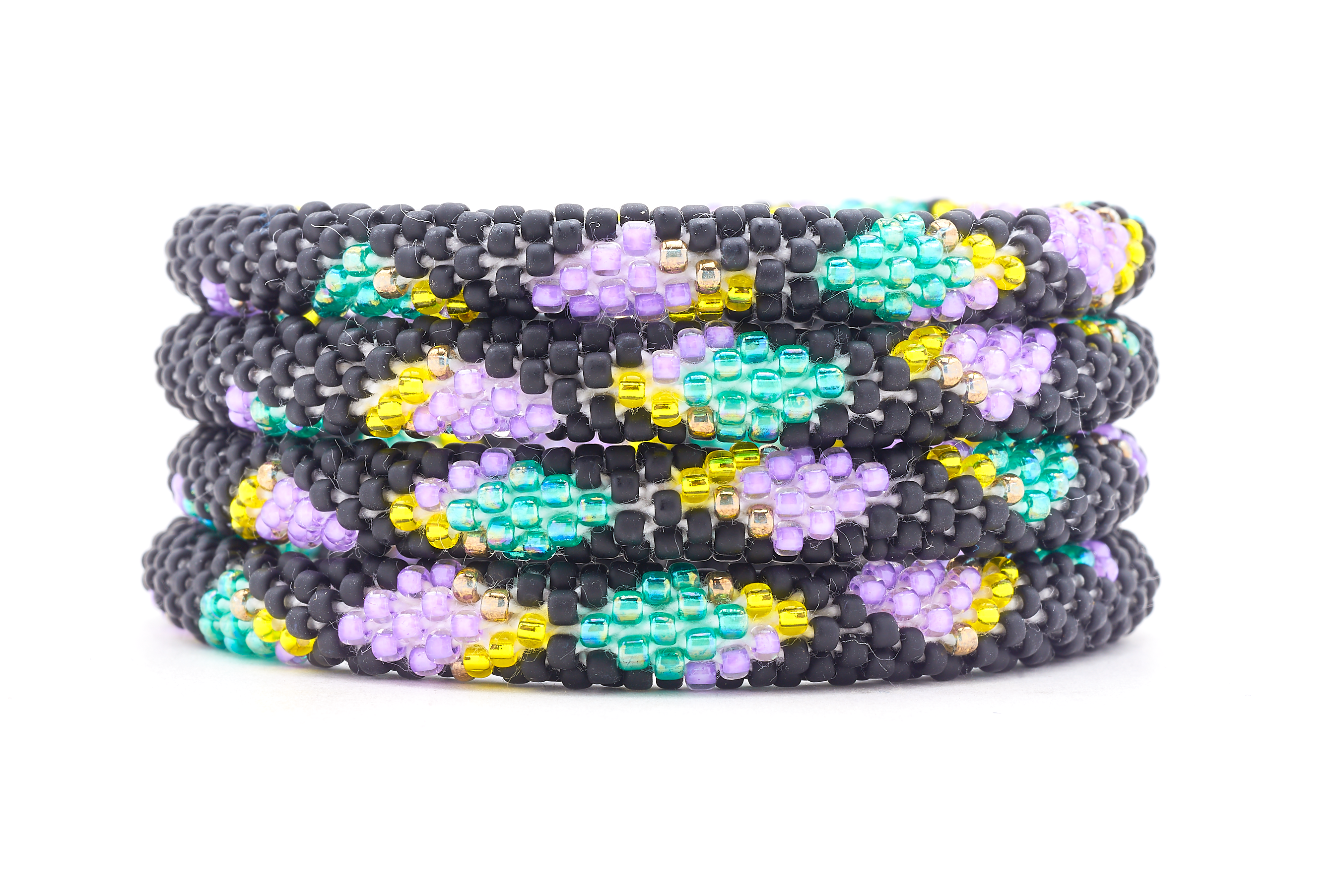 Sashka Co. Matte Black, Purple, Teal, Yellow Bracelet. Handmade glass bead bracelet from Nepal, featuring a roll design.