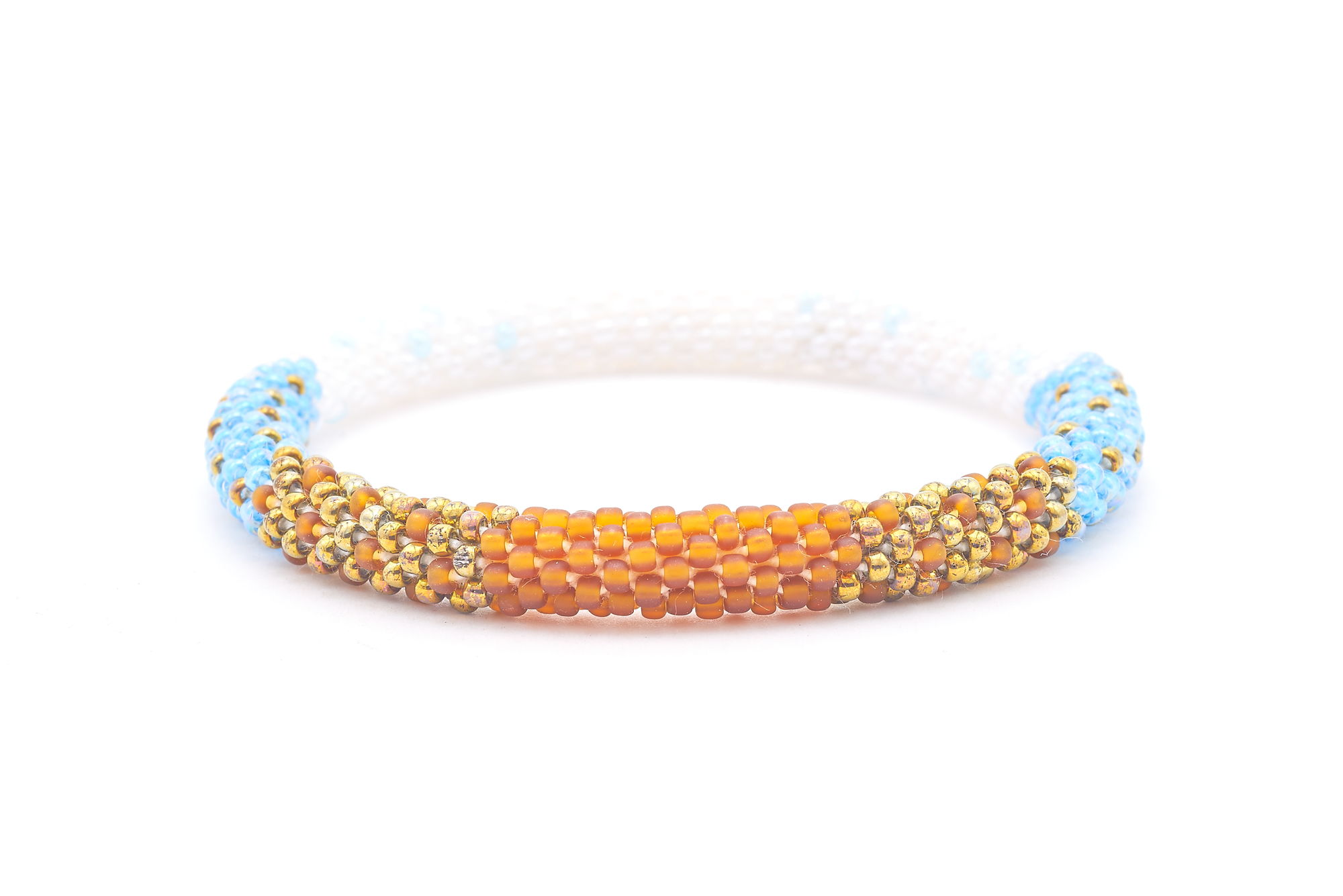 Sashka Co. handmade glass beaded friendship bracelet with matte brown, bronze, iridescent blue, and white glass beads. Crafted in Nepal by skilled artisans.