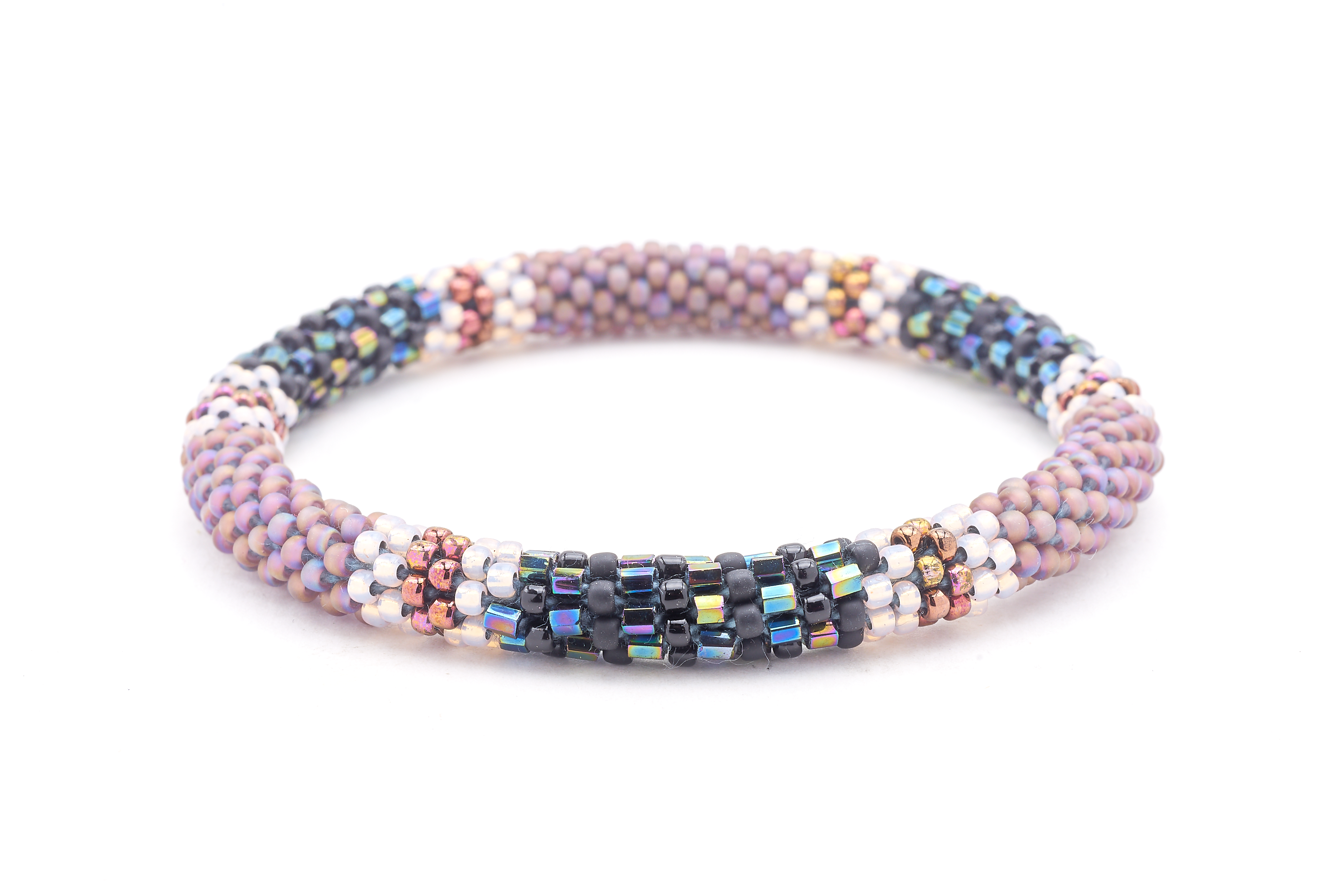 Sashka Co. handmade glass beaded friendship bracelet with matte iridescent purple, black, iridescent, clear, and iridescent plum glass beads. Crafted in Nepal by skilled artisans.