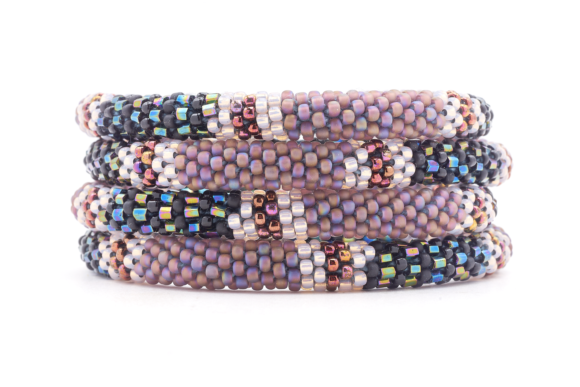 Sashka Co. handmade glass beaded friendship bracelet with matte iridescent purple, black, iridescent, clear, and iridescent plum glass beads. Crafted in Nepal by skilled artisans.