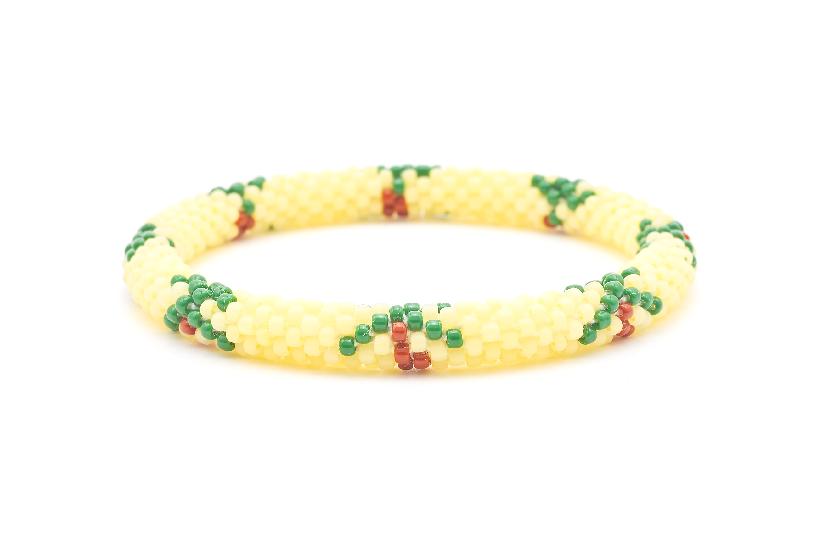 Sashka Co. handmade glass beaded friendship bracelet with matte light yellow, brown, and green glass beads. Crafted in Nepal by skilled artisans.