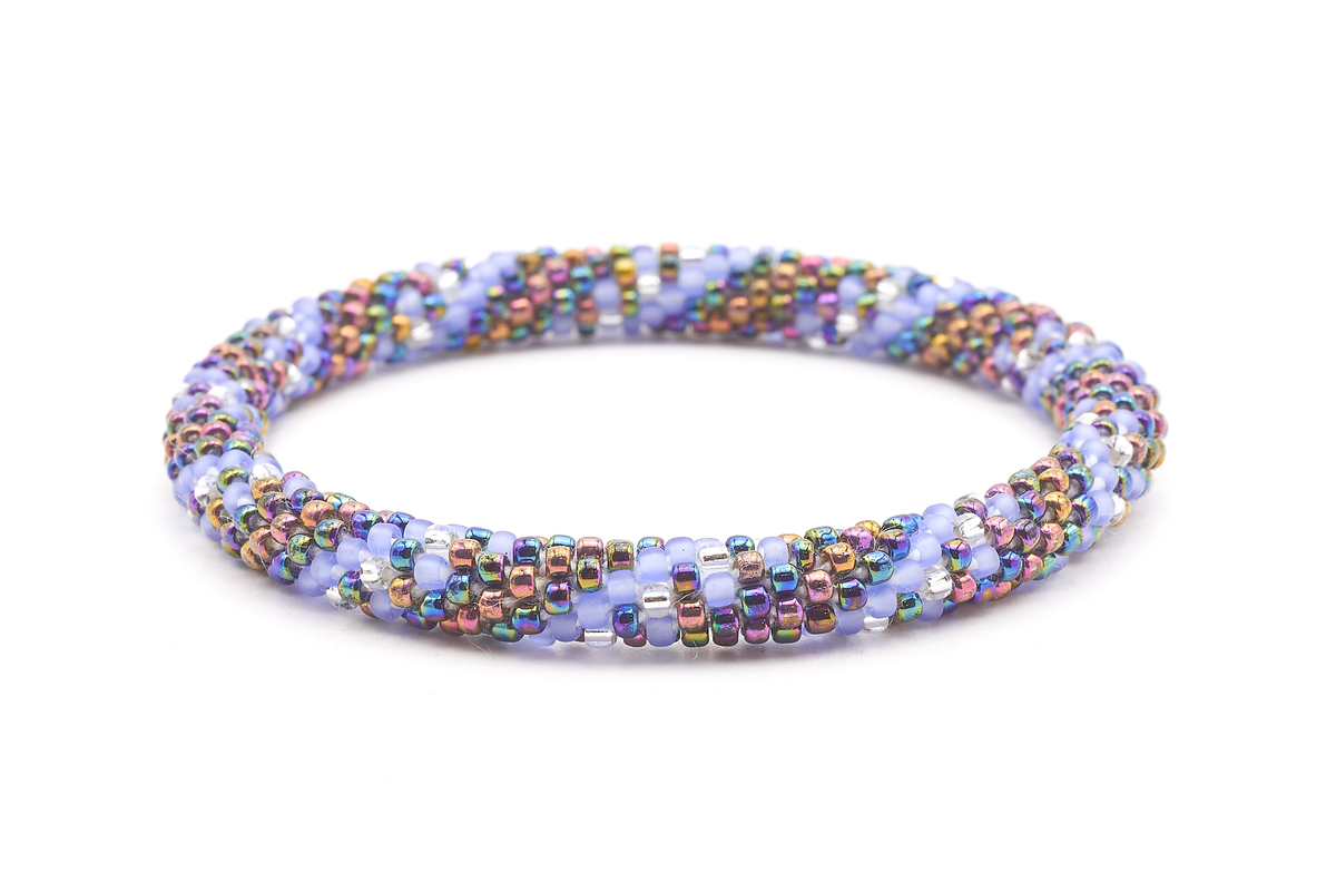 Sashka Co handmade beaded friendship bracelet with matte periwinkle, iridescent, and clear glass beads. Crafted in Nepal by skilled artisans.