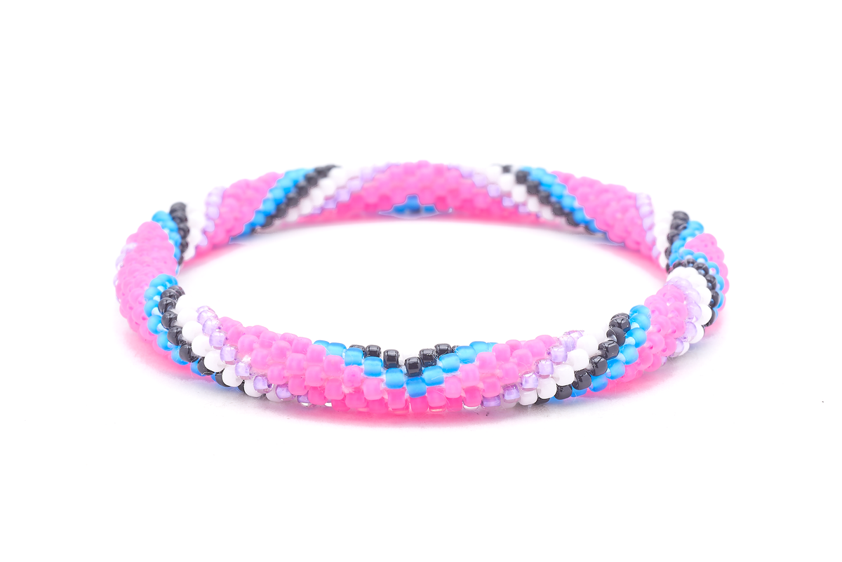 Sashka Co. Matte Pink, Purple, White, Black, Matte Blue Bracelet. Handmade glass bead bracelet from Nepal, featuring a roll design.
 