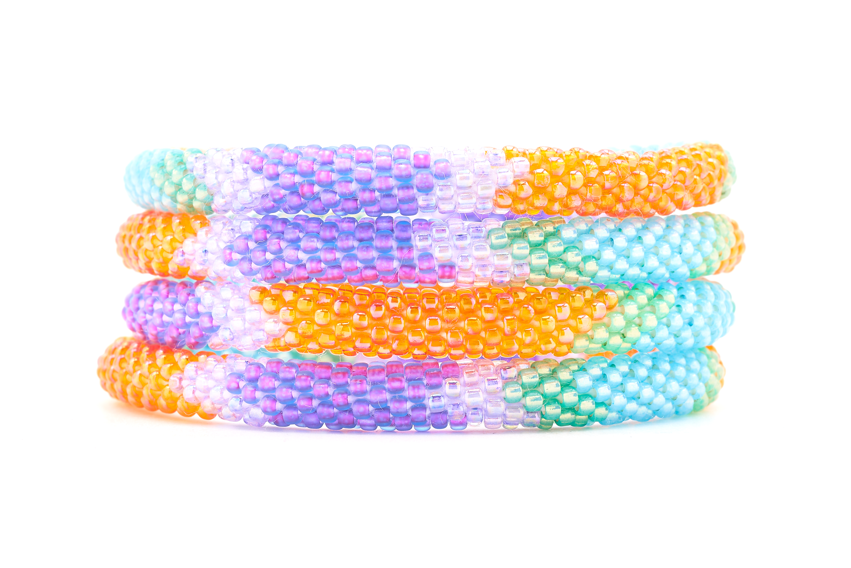 Sashka Co. Matte Purple , Blue , Orange ,Green Bracelet. Handmade glass bead bracelet from Nepal, featuring a roll design.