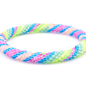 Handmade beaded friendship bracelet with neon green, neon yellow, hot pink, blue, coral, and light teal glass beads. Crafted by artisans in Nepal for Sashka Co.