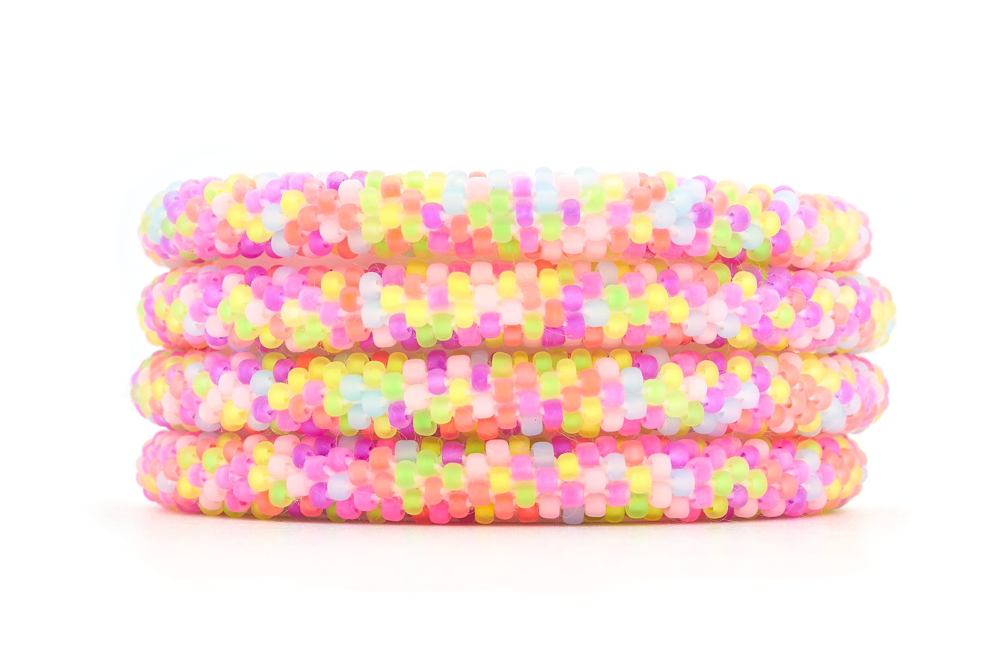 Sashka Co handmade beaded friendship bracelet with neon pink, purple, yellow, green, and light blue glass beads. Crafted in Nepal by skilled artisans.