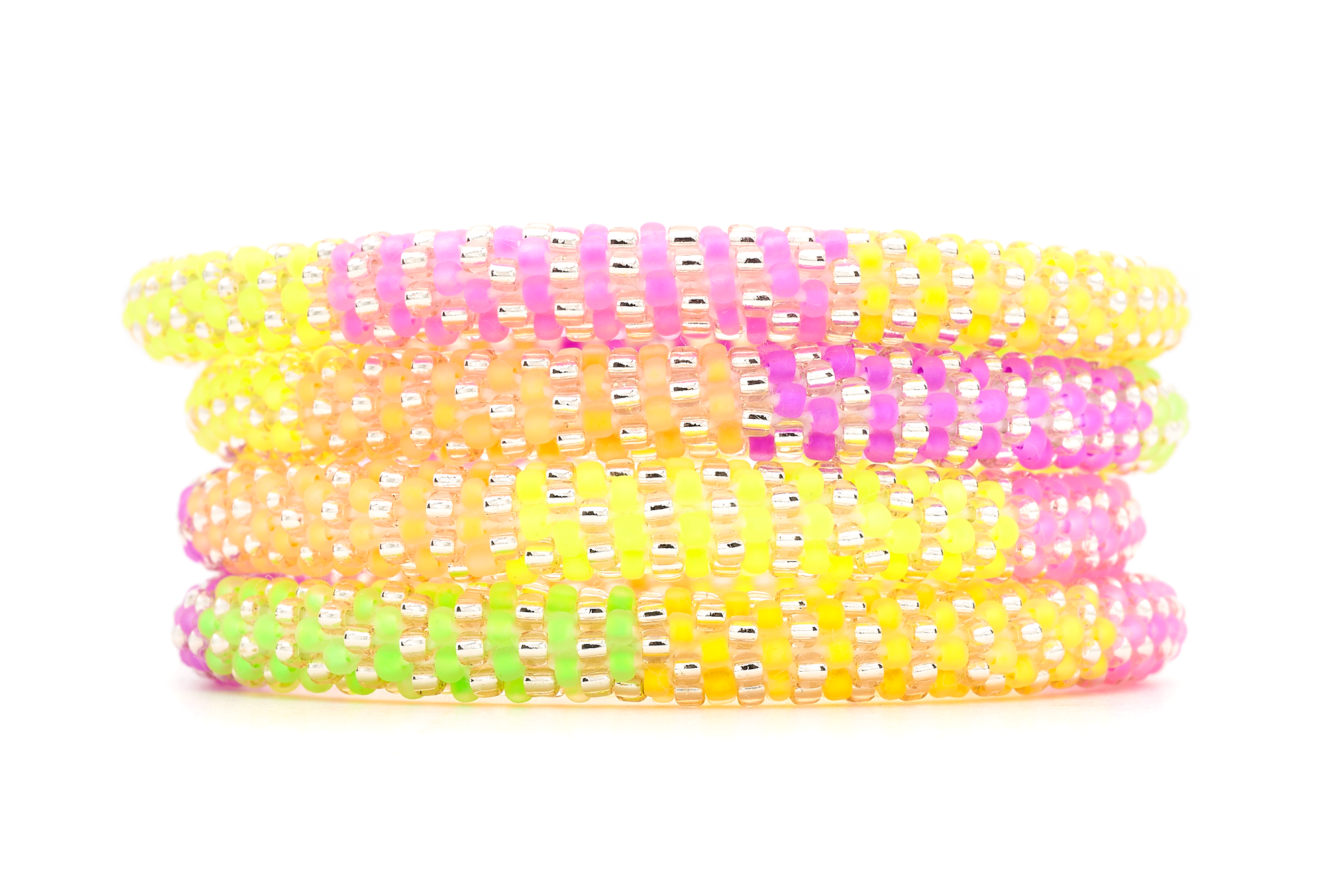 Handmade beaded friendship bracelet with neon yellow, green, orange, pink, purple, and rose gold glass beads. Crafted by artisans in Nepal for Sashka Co.