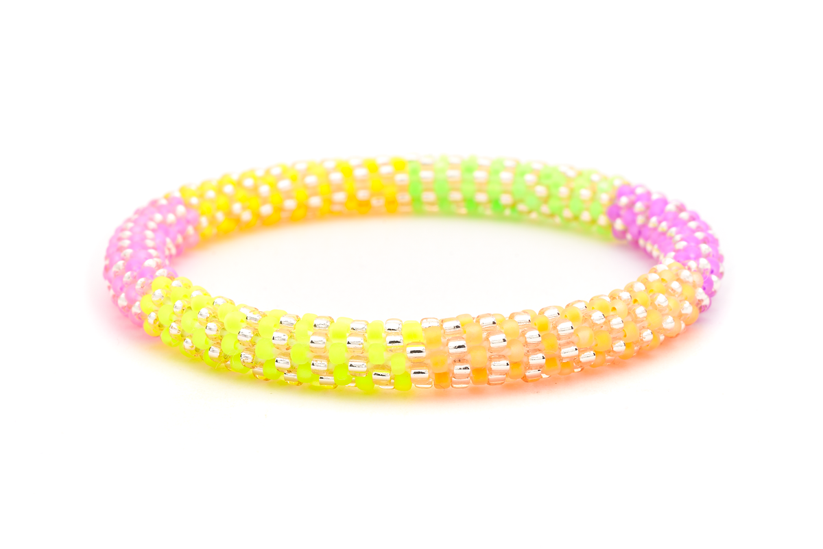 Handmade beaded friendship bracelet with neon yellow, green, orange, pink, purple, and rose gold glass beads. Crafted by artisans in Nepal for Sashka Co.