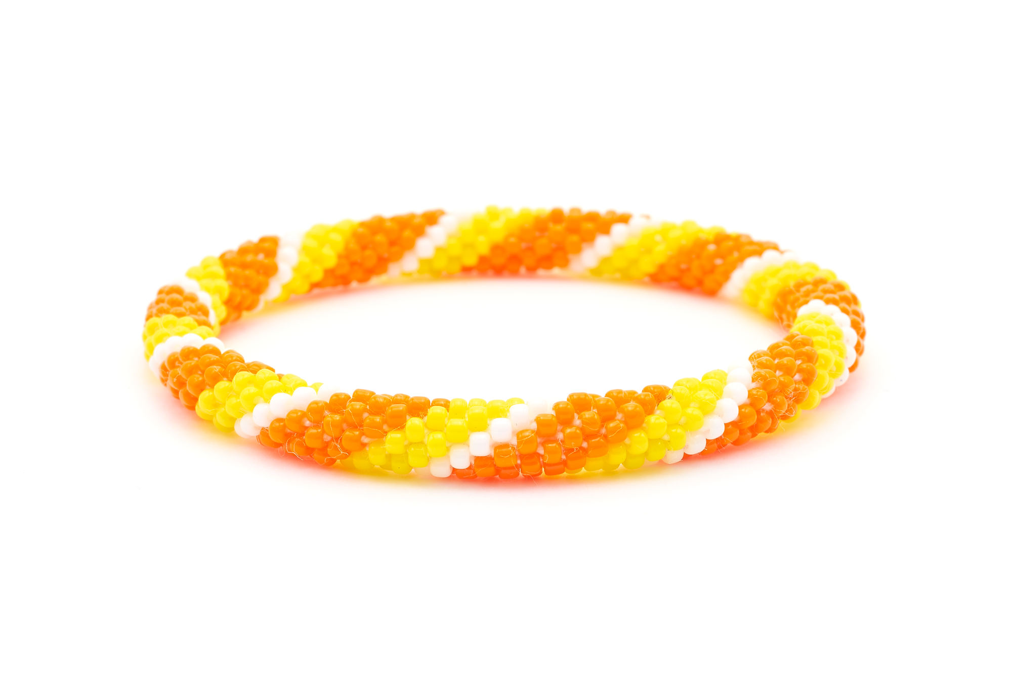 Sashka Co. handmade beaded friendship bracelet with orange, yellow, and white glass beads. Crafted in Nepal by skilled artisans in a spiral pattern.