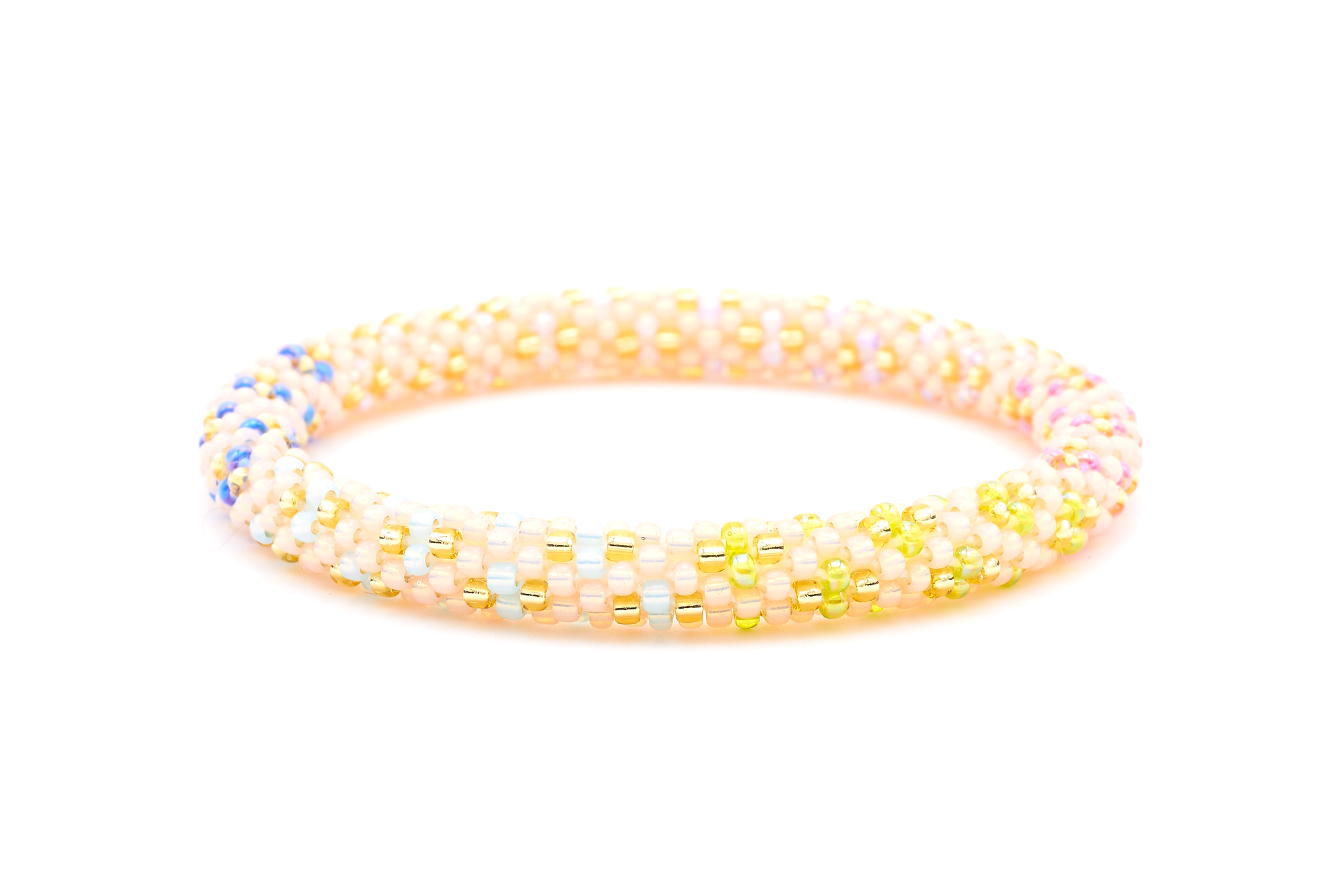 Sashka Co. handmade glass beaded friendship bracelet with peach, pink, champagne gold, purple, blue, and green glass beads. Crafted in Nepal by skilled artisans.