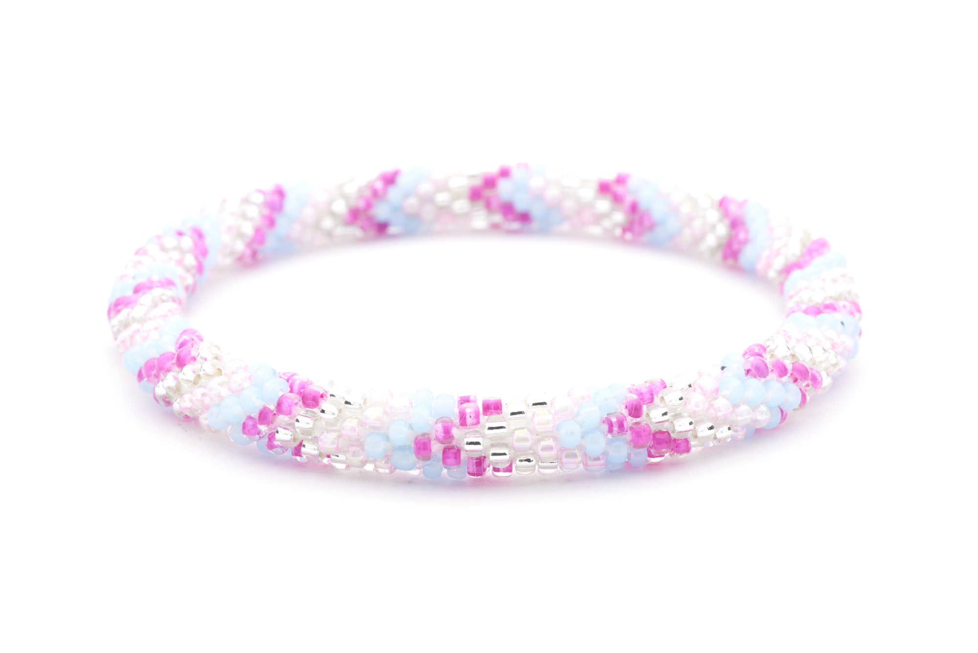 Sashka Co handmade beaded friendship bracelet with pink, blue, and clear glass beads. Crafted in Nepal by skilled artisans.