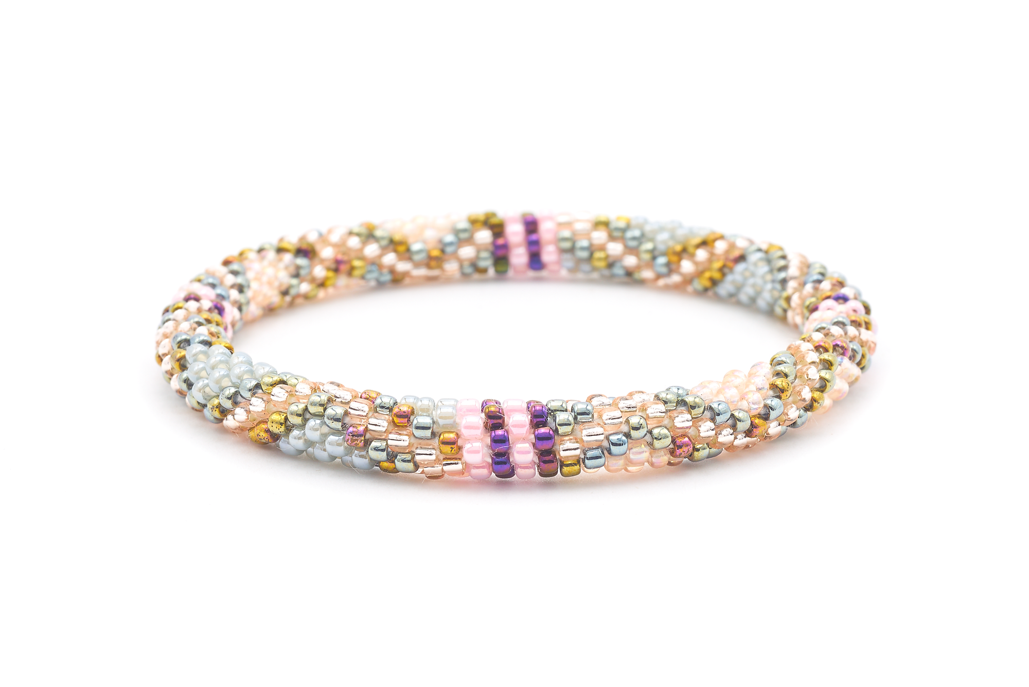 Sashka Co. handmade glass beaded friendship bracelet with pink, gray, iridescent purple, rose gold, silver, and gold glass beads. Crafted in Nepal by skilled artisans.