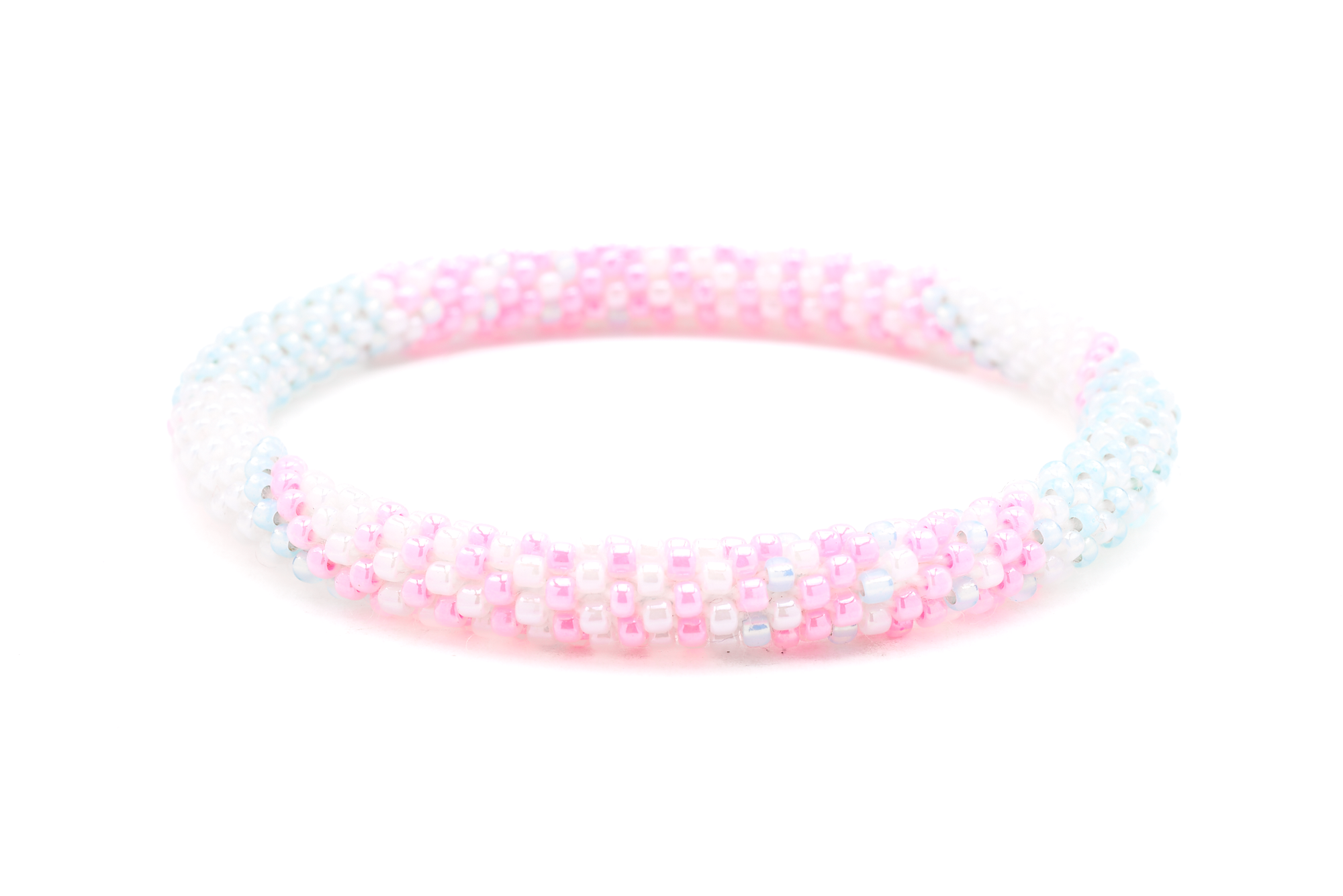 Sashka Co. handmade glass beaded friendship bracelet with pink, white, and light blue glass beads. Crafted in Nepal by skilled artisans.
