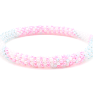 Sashka Co. handmade glass beaded friendship bracelet with pink, white, and light blue glass beads. Crafted in Nepal by skilled artisans.