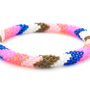 Sashka Co handmade beaded friendship bracelet with Pinks , Blue , White , Brown  glass beads. Crafted in Nepal by skilled artisans.