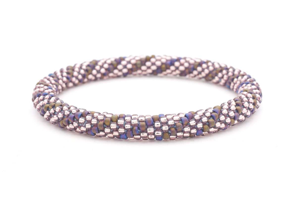 Sashka Co. handmade glass beaded friendship bracelet with purple and iridescent brown/purple glass beads in a spiral pattern. Crafted in Nepal by skilled artisans.
