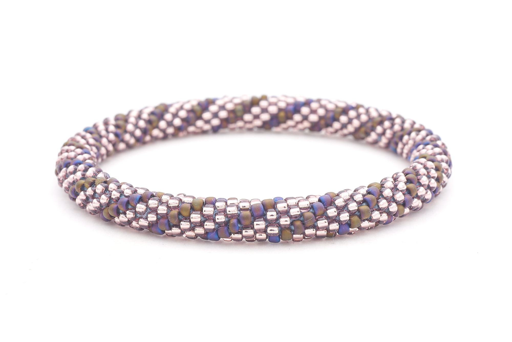 Sashka Co. handmade glass beaded friendship bracelet with purple and iridescent brown/purple glass beads in a spiral pattern. Crafted in Nepal by skilled artisans.