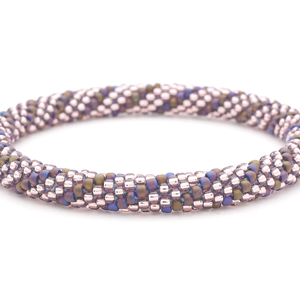 Sashka Co. handmade glass beaded friendship bracelet with purple and iridescent brown/purple glass beads in a spiral pattern. Crafted in Nepal by skilled artisans.