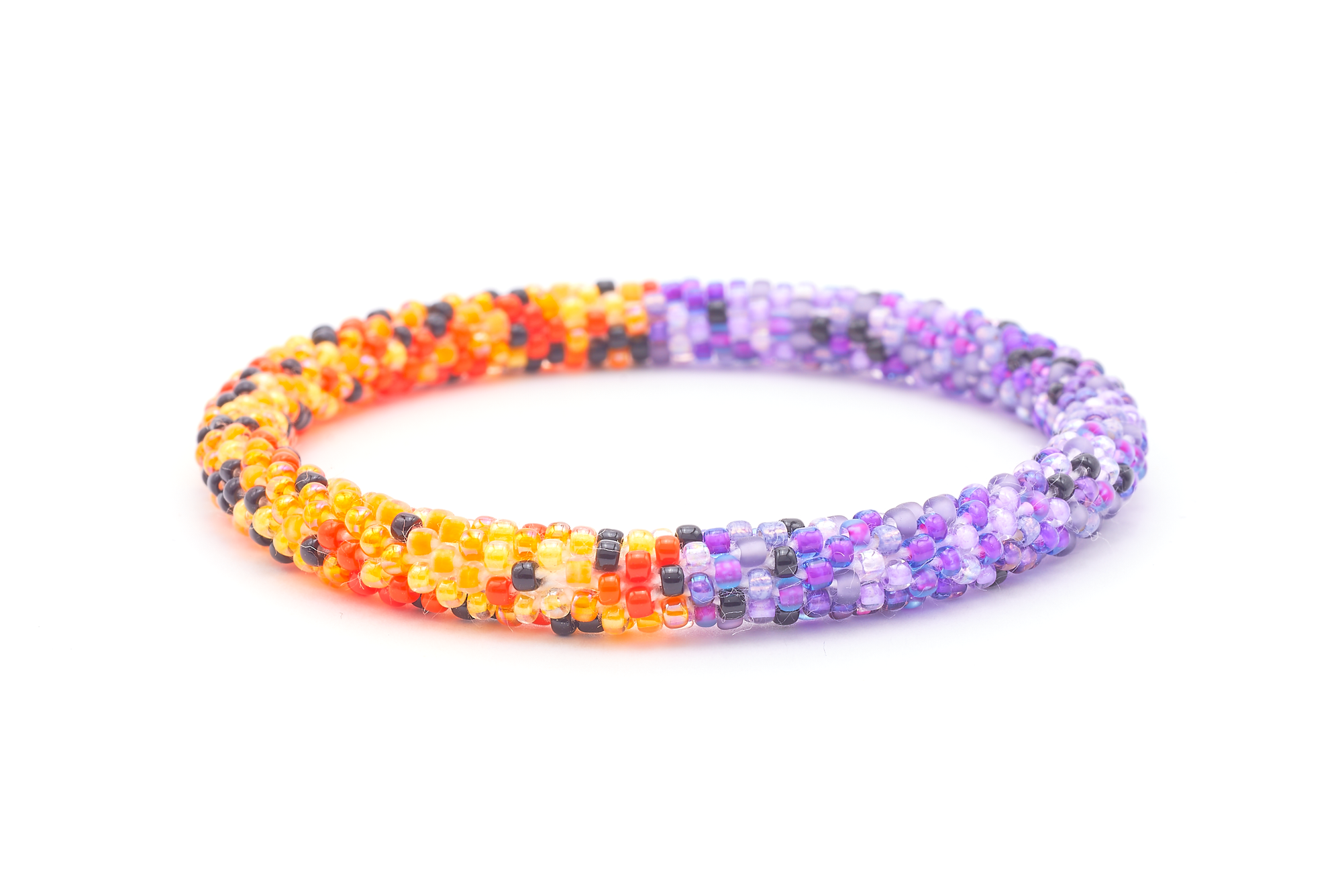 Sashka Co. handmade beaded friendship bracelet with purple, orange, and black glass beads. Crafted in Nepal by skilled artisans in a half-and-half confetti pattern.