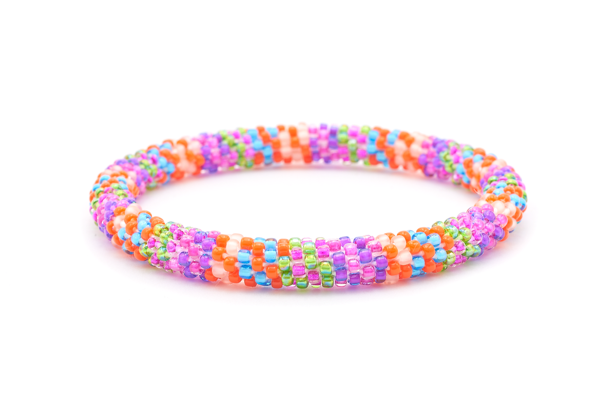 Sashka Co. handmade glass beaded friendship bracelet with purple, pink, blue, green, orange, and nude glass beads. Crafted in Nepal by skilled artisans.