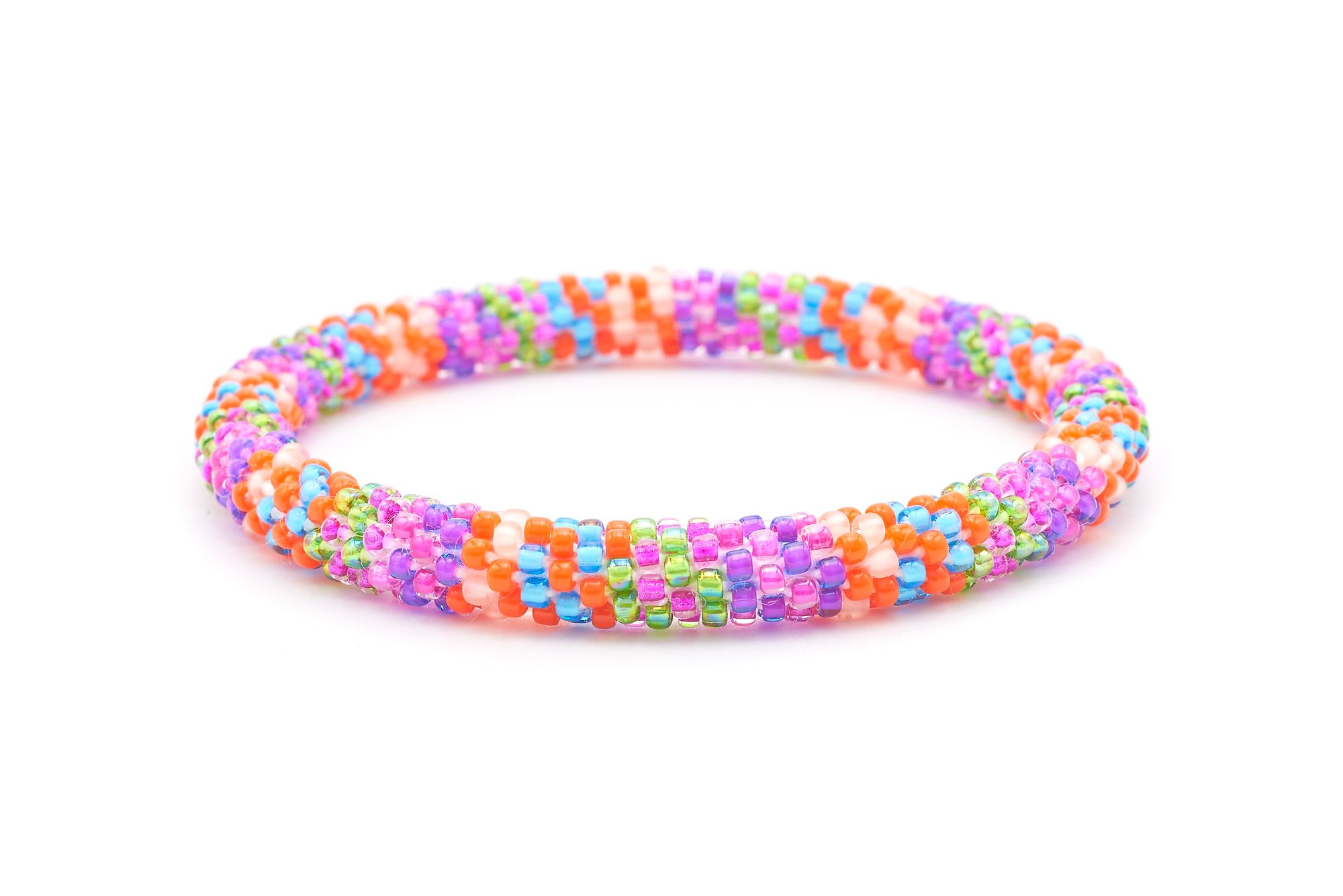 Sashka Co. handmade glass beaded friendship bracelet with purple, pink, blue, green, orange, and nude glass beads. Crafted in Nepal by skilled artisans.