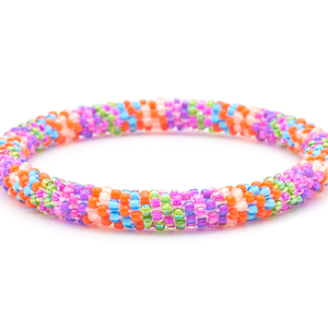 Sashka Co. handmade glass beaded friendship bracelet with purple, pink, blue, green, orange, and nude glass beads. Crafted in Nepal by skilled artisans.