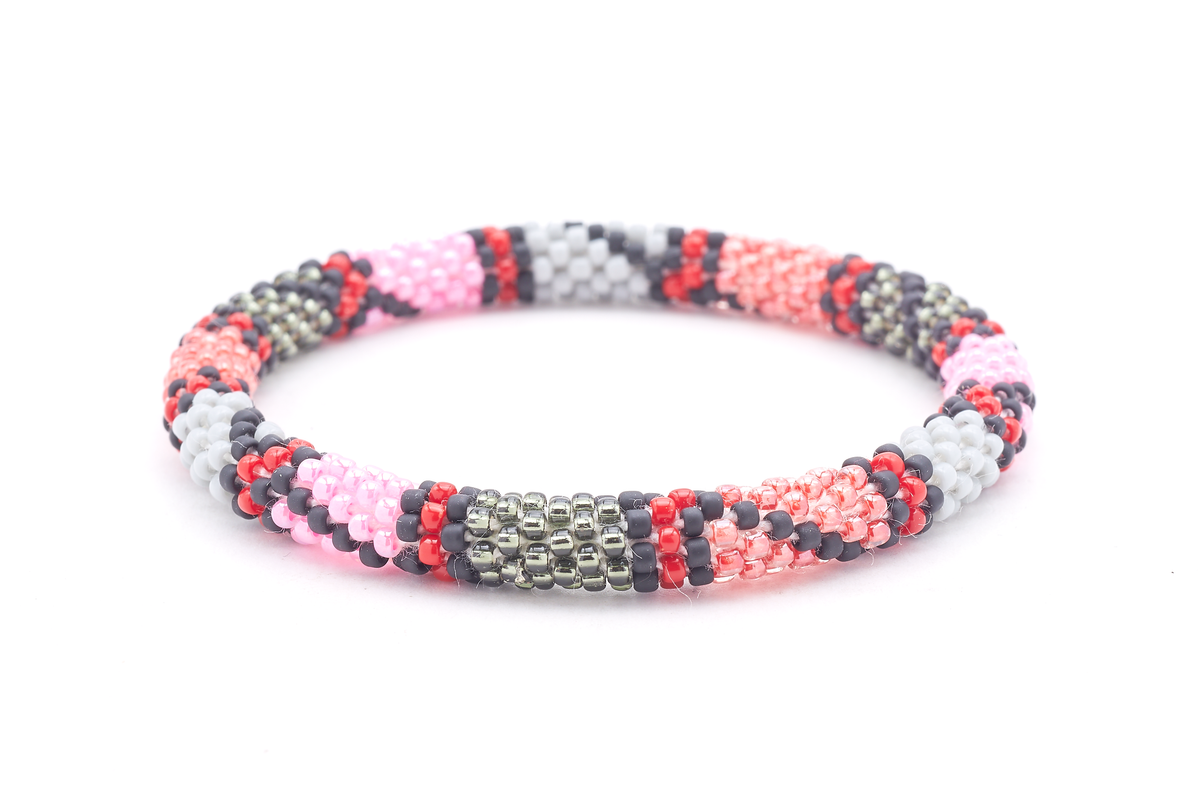 Sashka Co. Red, Gray, Pink, Matte Black, Silver Glass beaded friendship Bracelet. Handmade glass bead bracelet from Nepal, featuring a roll design.
 