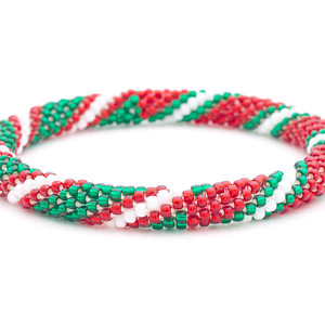 Sashka Co. handmade glass beaded friendship bracelet with red, white, and green glass beads in a festive holiday pattern. Crafted in Nepal by skilled artisans.