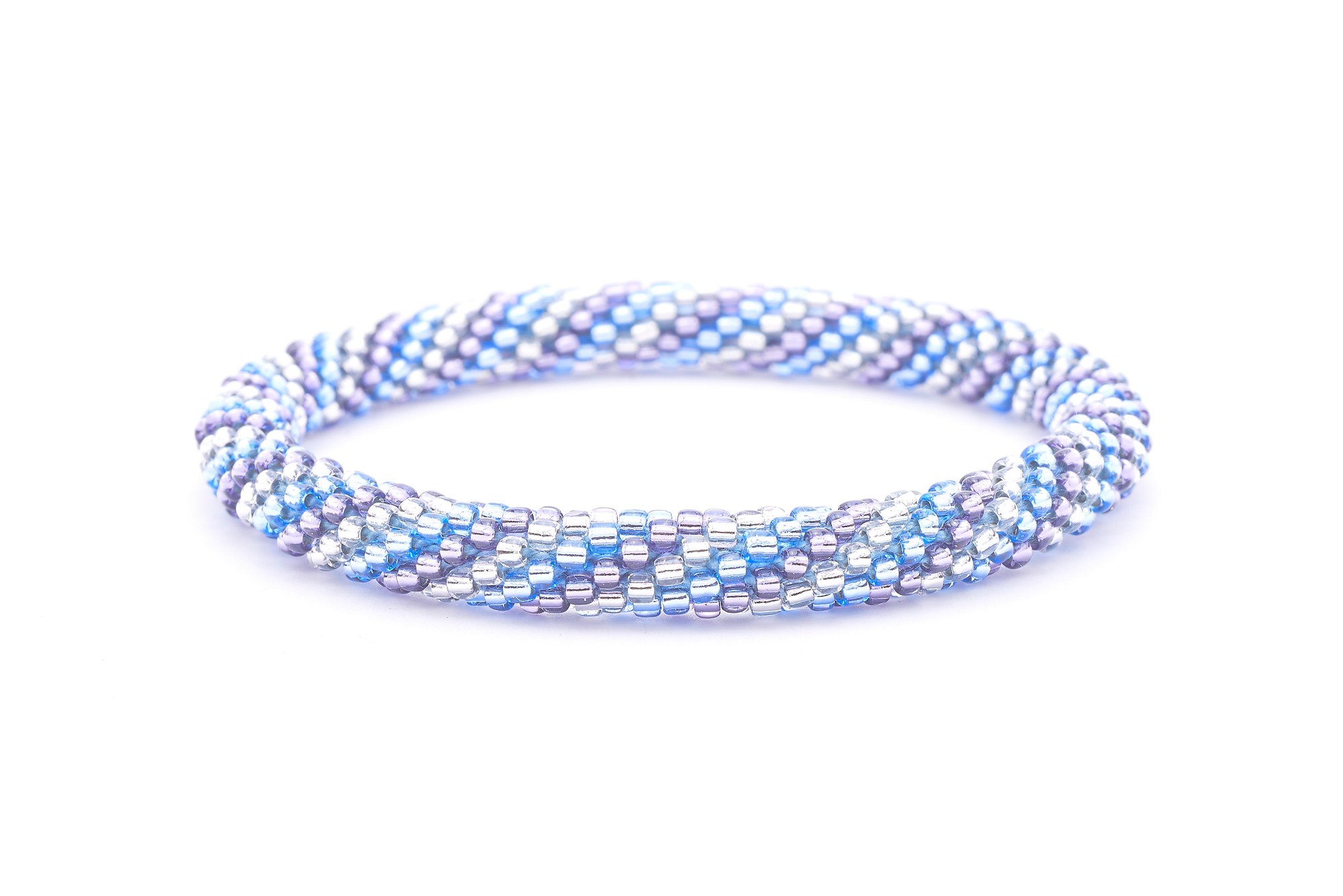 Sashka Co. handmade glass beaded friendship bracelet with silver, blue, and purple glass beads. Crafted in Nepal by skilled artisans.