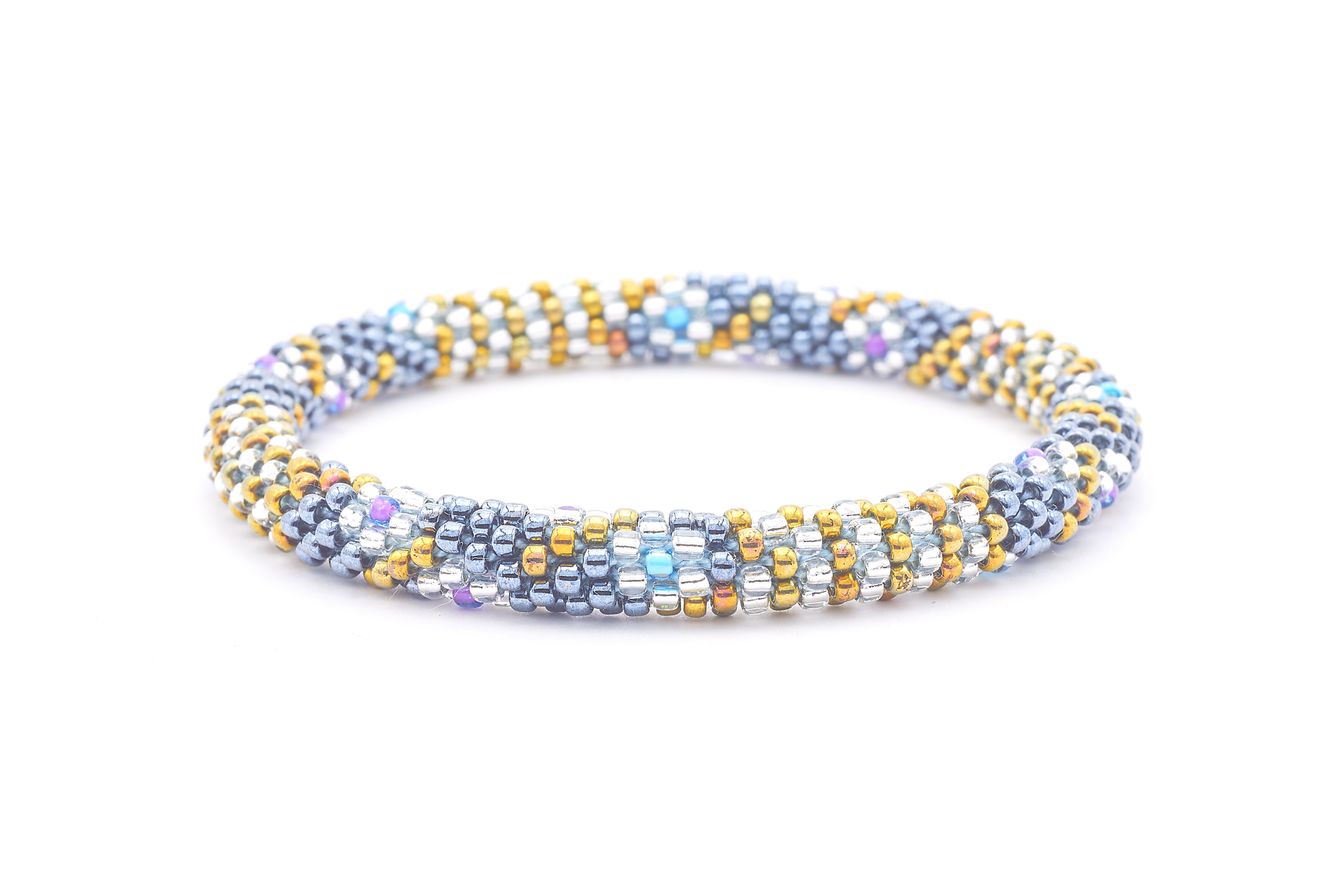 Sashka Co. handmade glass beaded friendship bracelet with silver, iridescent gold, clear, purple, and blue glass beads. Crafted in Nepal by skilled artisans.